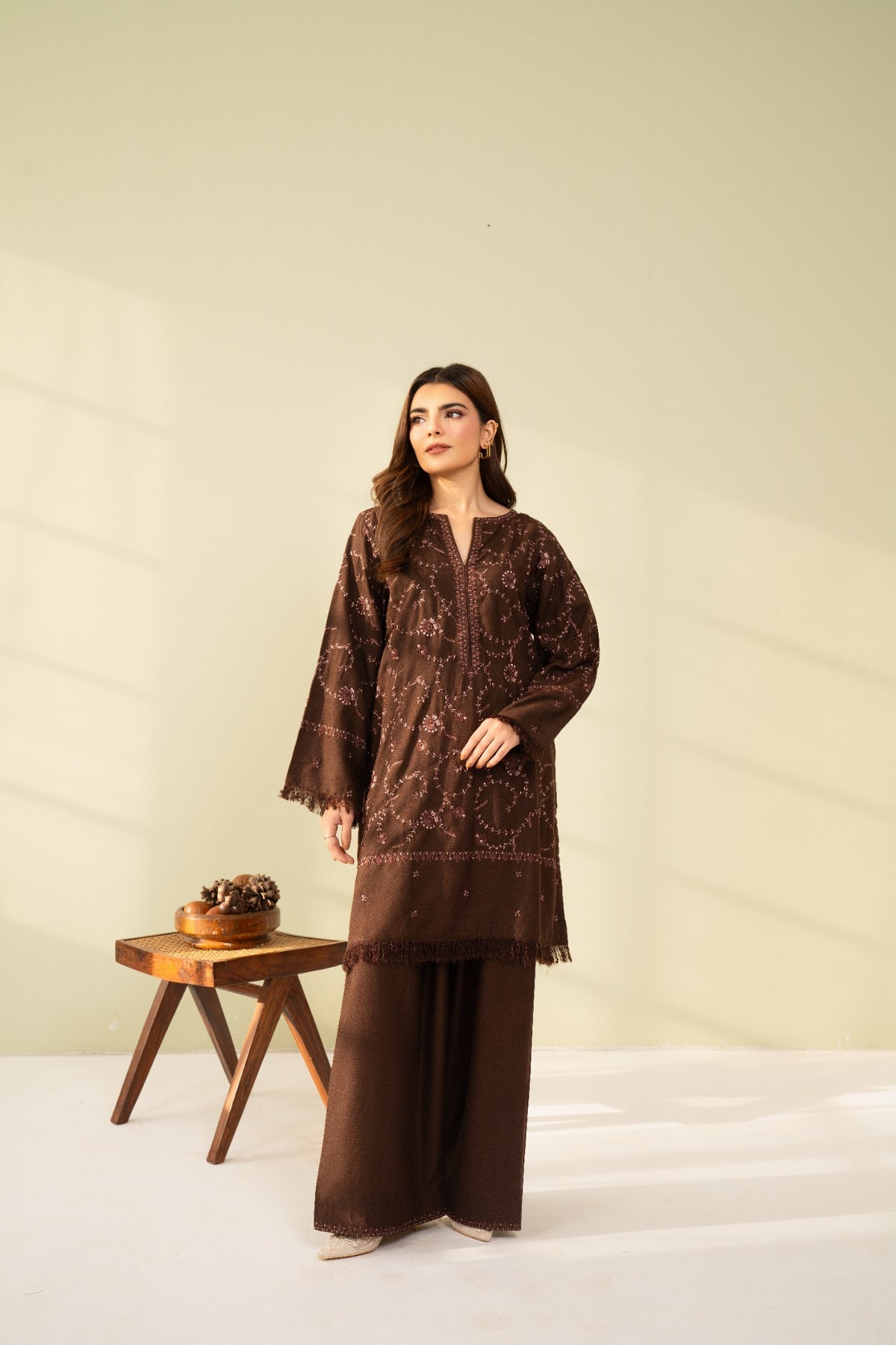 Embroidered 3 Piece Brown with Beige Shawl  0007