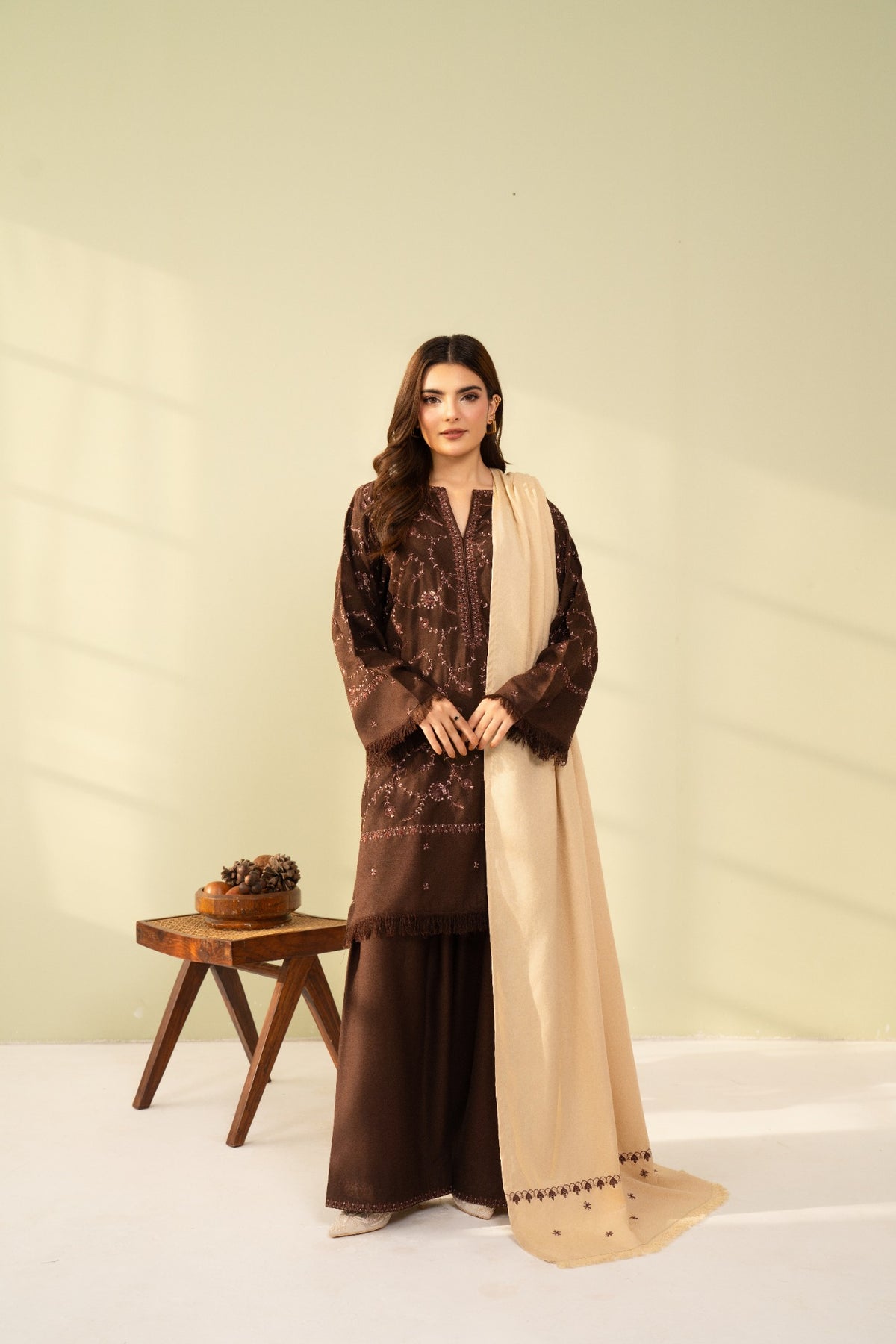 Embroidered 3 Piece Brown with Beige Shawl  0007