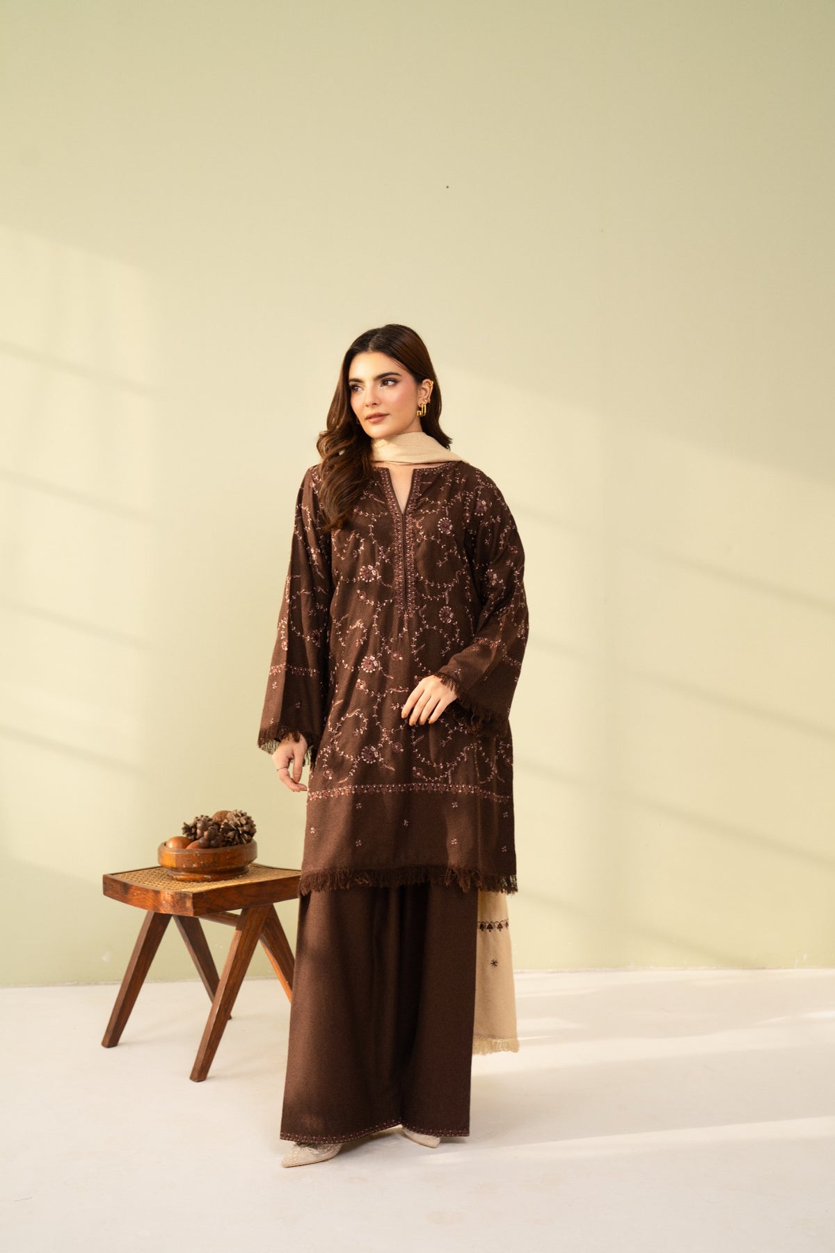 Embroidered 3 Piece Brown with Beige Shawl  0007
