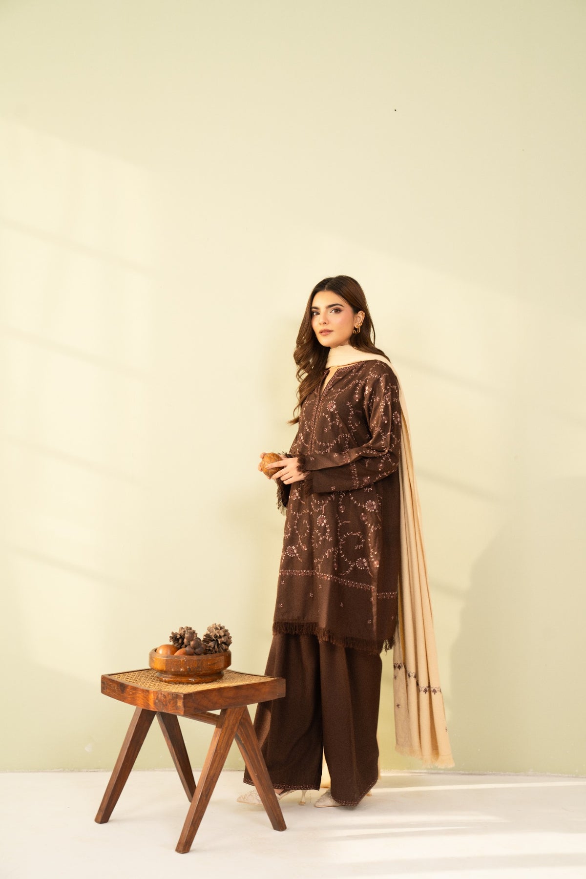 Embroidered 3 Piece Brown with Beige Shawl  0007