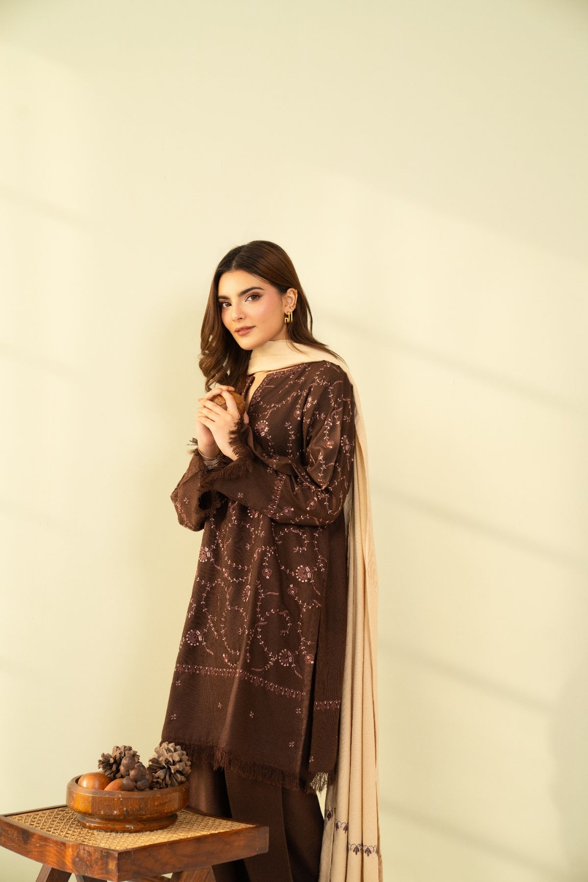 Embroidered 3 Piece Brown with Beige Shawl  0007