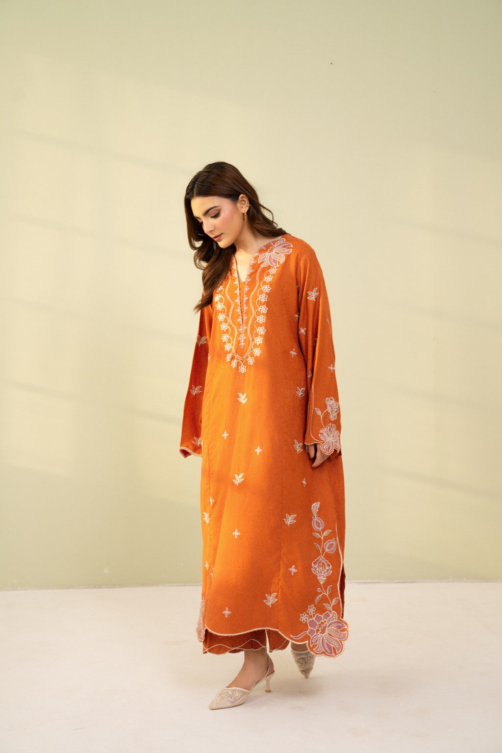 Embroidered 2 Piece Rust Orange  0009