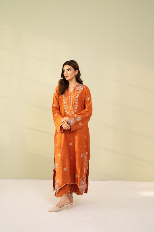 Embroidered 2 Piece Rust Orange  0009