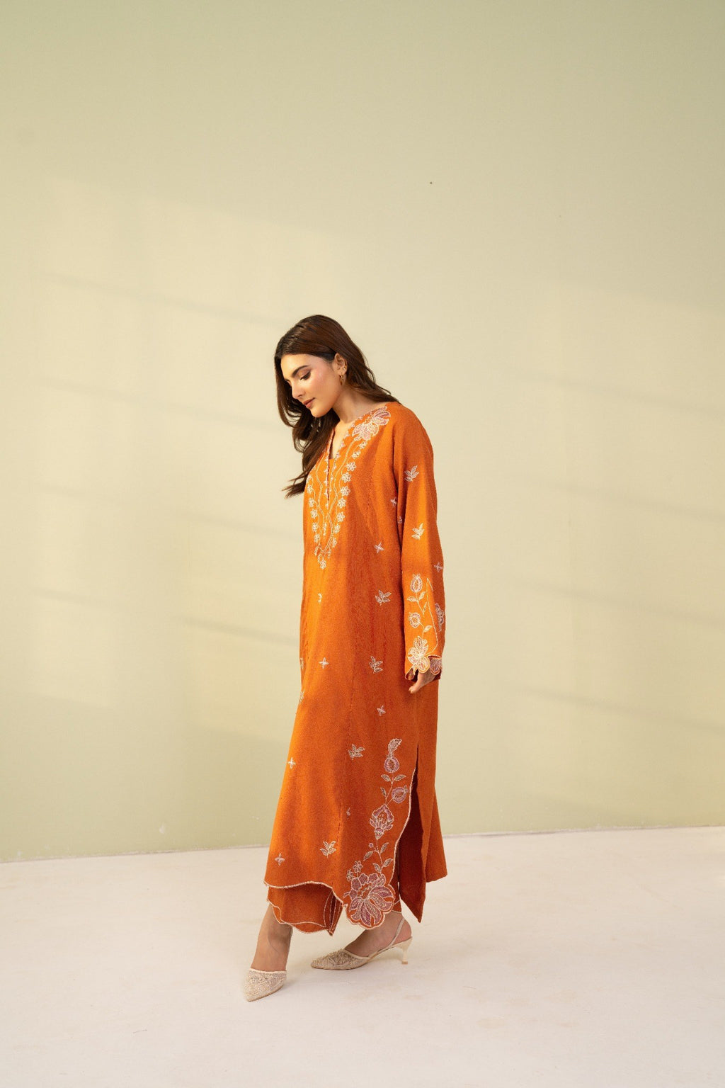 Embroidered 2 Piece Rust Orange  0009