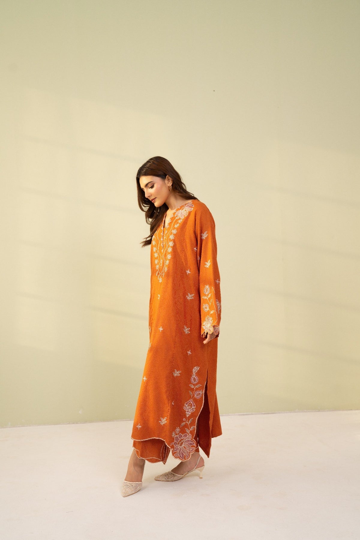 Embroidered 2 Piece Rust Orange  0009